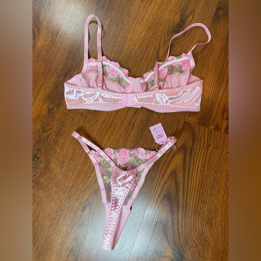 🎀🌷 Ethereal Pink Satin & Sheer Floral Embroidery Lace 2 Pc Lingerie Set 🌷🎀 NWT - Picture 8 of 13